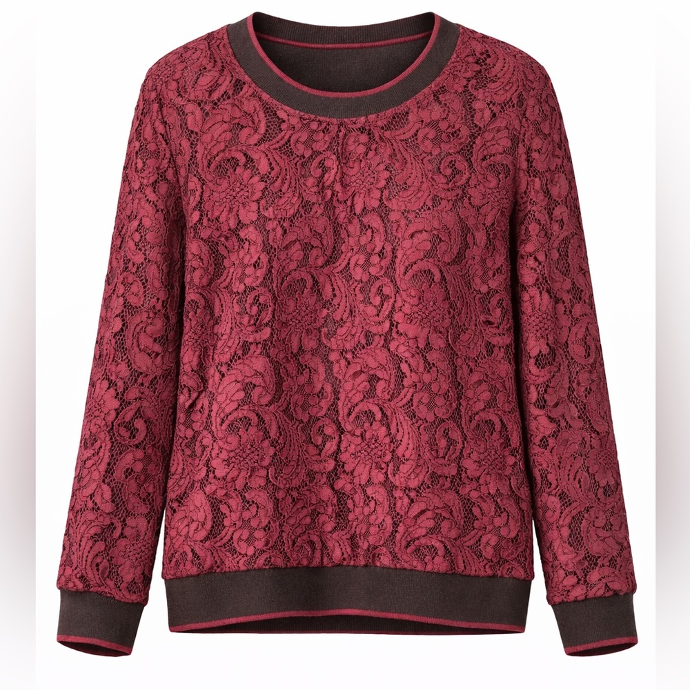 RALPH LAUREN Elegant Burgundy Lace-y Crewneck Sweatshirt